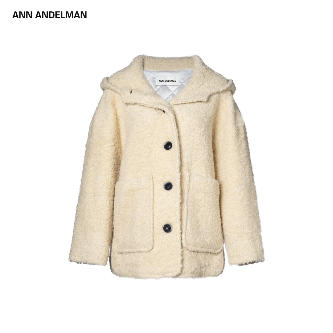 ANN ANDELMAN【商场同款新品】秋冬季羊羔毛翻领连帽毛呢外套