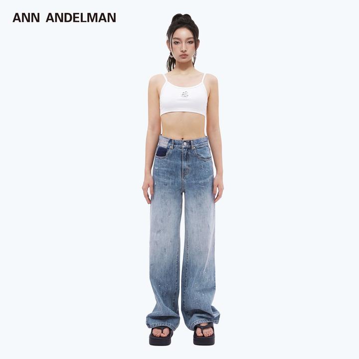 ANN ANDELMAN春夏明星同款烫钻阔腿牛仔裤直筒裤休闲下装显瘦水洗