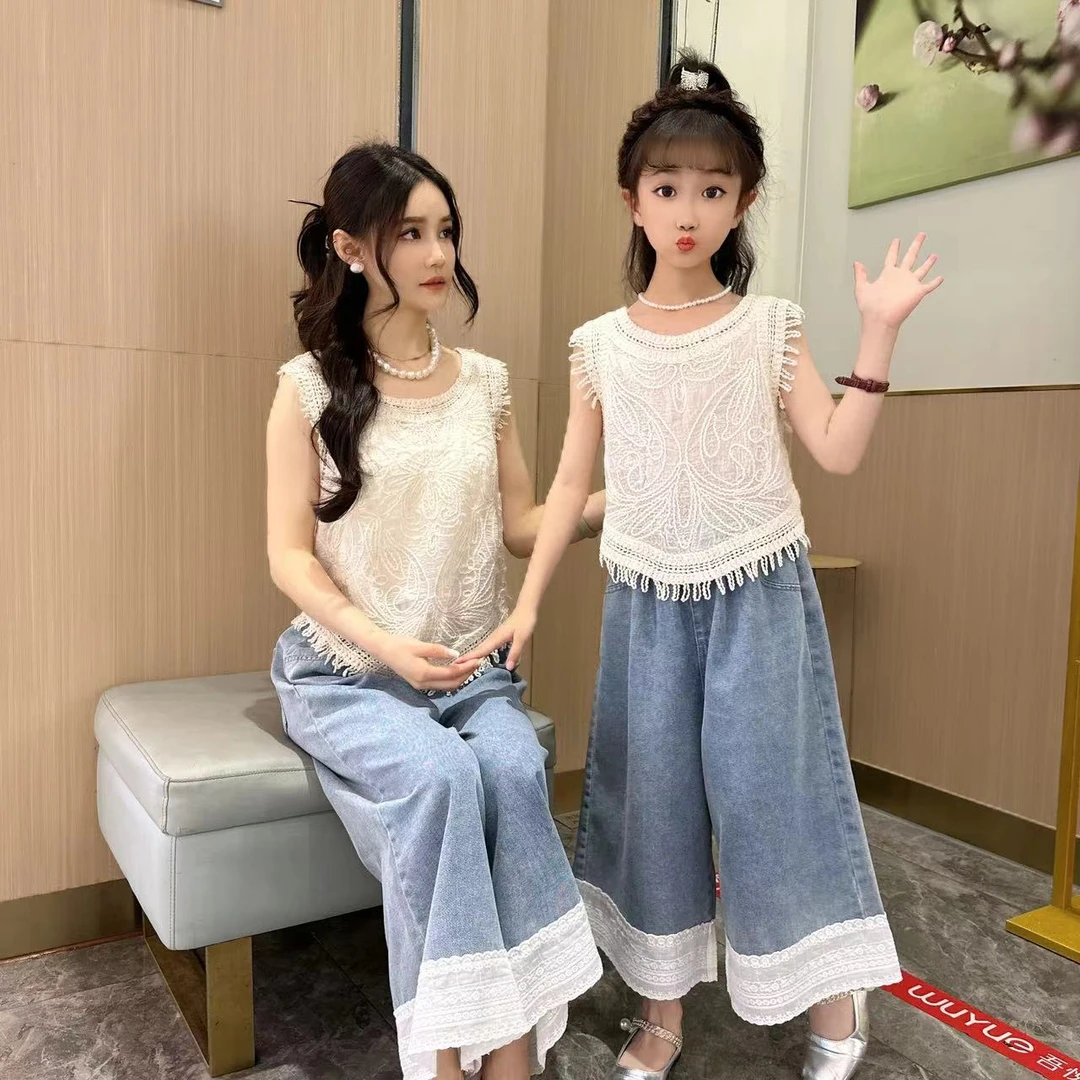 夏日波西米亚度假风流苏背心直筒裤套装洋气时尚镂空韩版网红牛仔