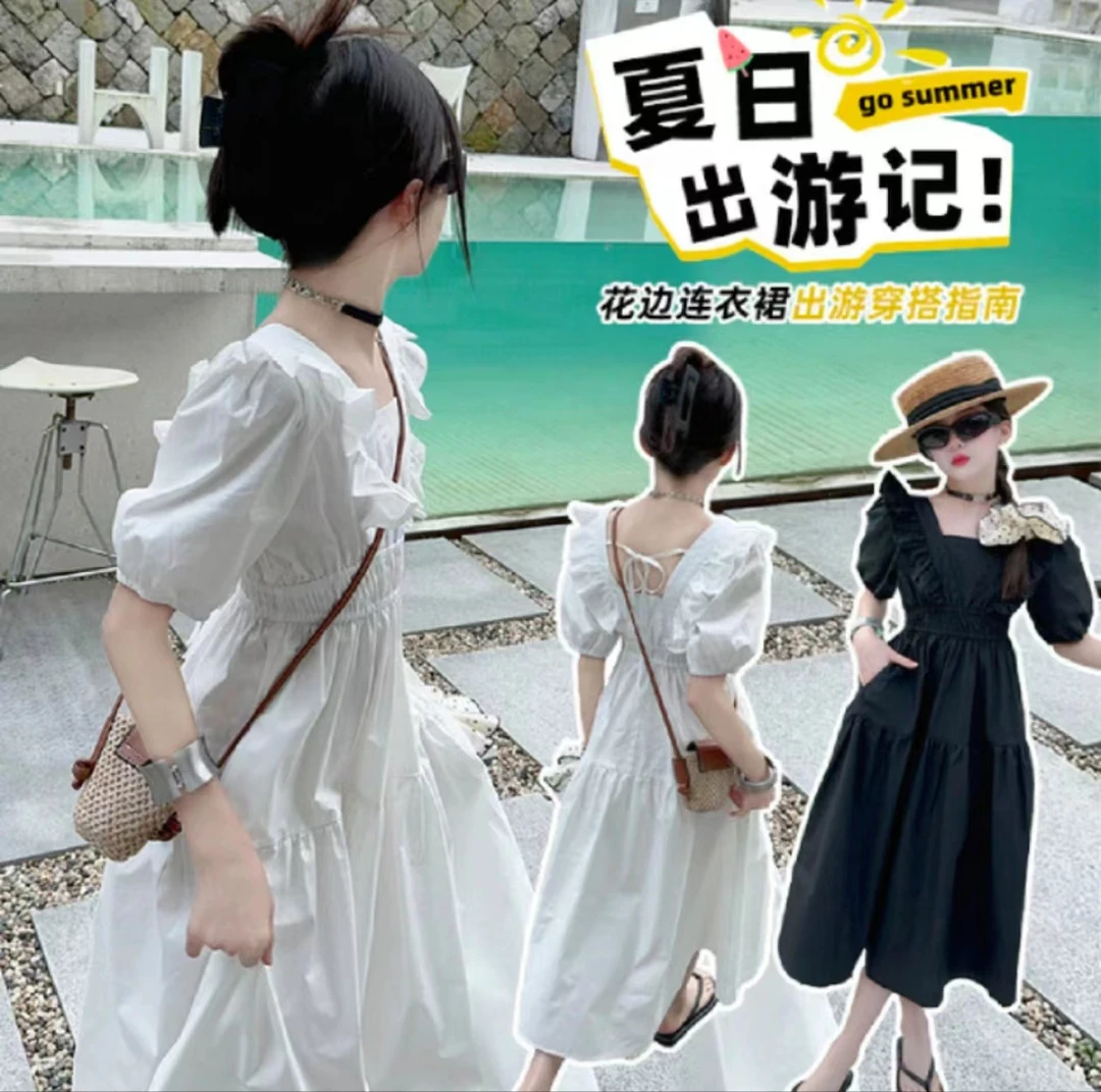 儿童潮款洋气甜美显瘦法式泡泡袖收腰韩版连衣裙亲子白色公主裙