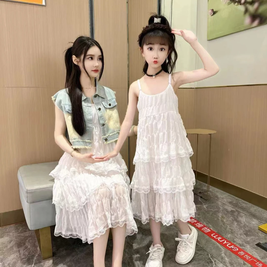 2024女童度假风吊带蛋糕裙马甲两件套蕾丝洋气中大童夏季网红穿搭