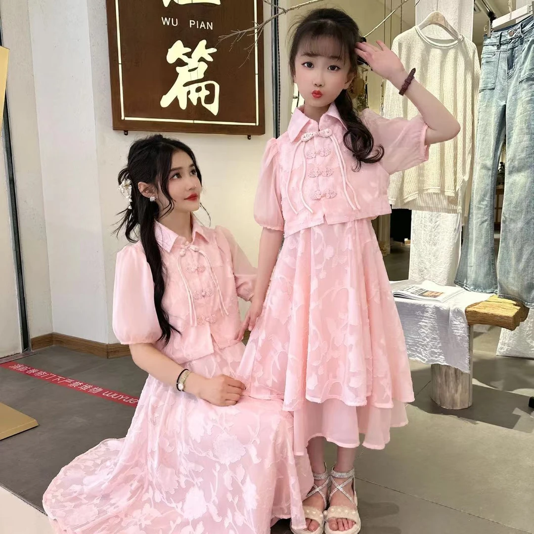 {桃之夭夭}提花盘扣亲子连衣裙洋气粉色亲子母女装中国风复古夏季