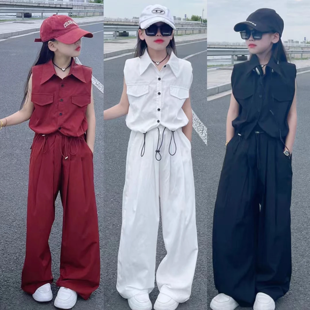 女童洋气套装2024夏季新款大童无袖短款衬衫高腰休闲阔腿裤两件套