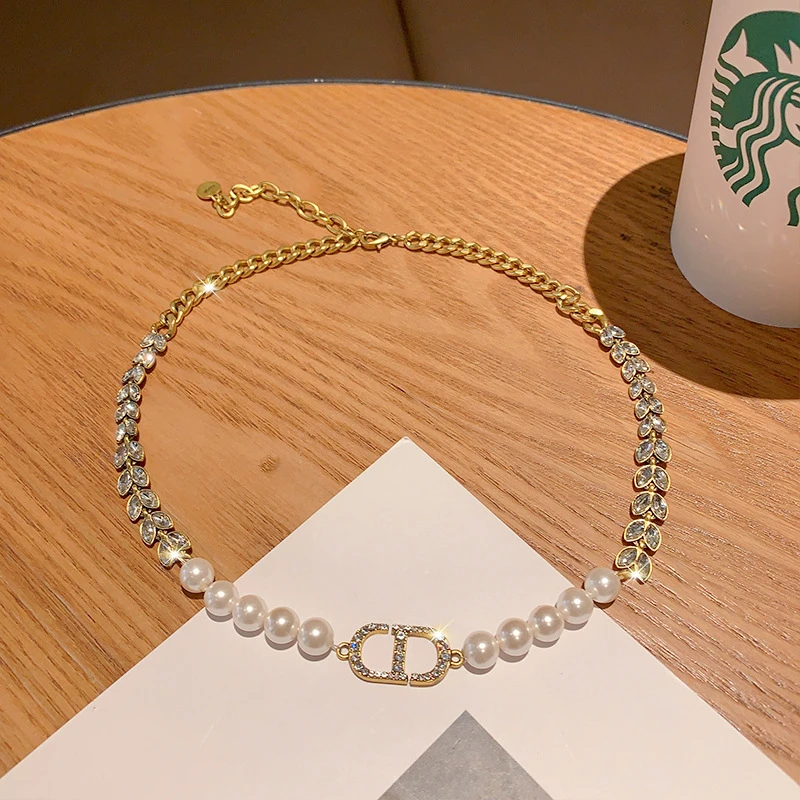 铜合金项链 珠珠镶钻项链高级感轻奢颈链锁骨链女项圈2023年新款