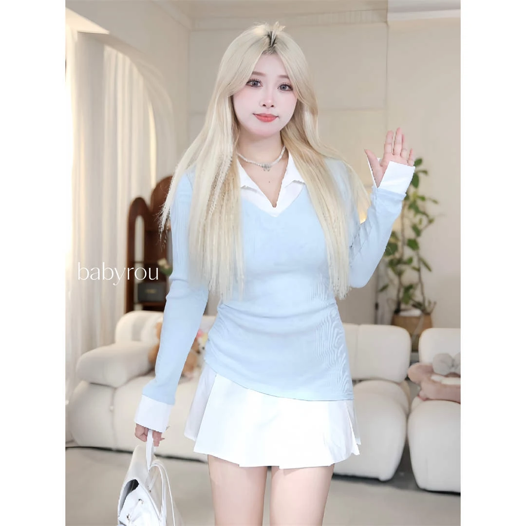 baby rouu【现货】温与柔【冷艳学姐】韩式学院风拼接假两件连衣裙