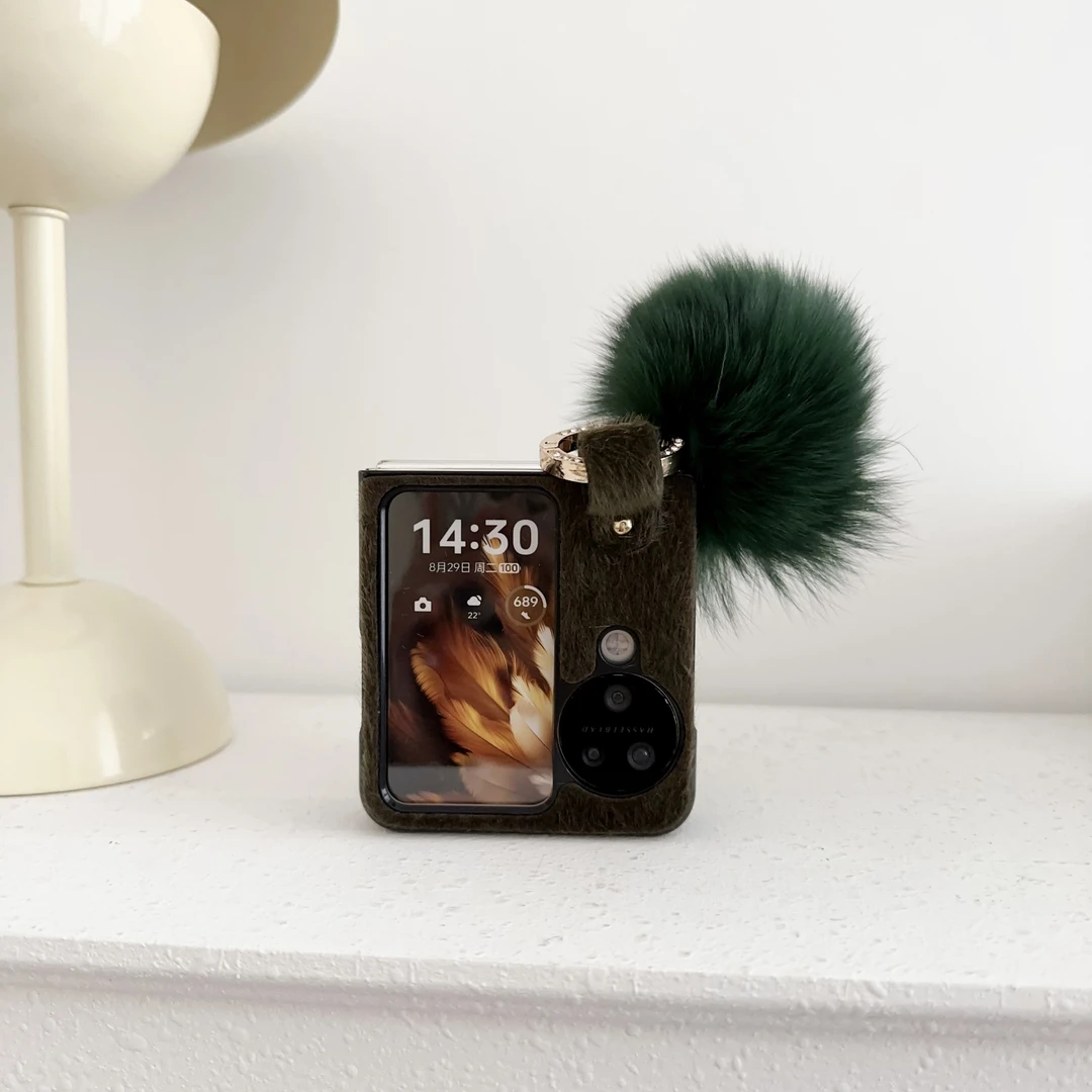 ins风水貂毛绒oppo find n3复古折叠手机壳华为p50指环扣便携创意