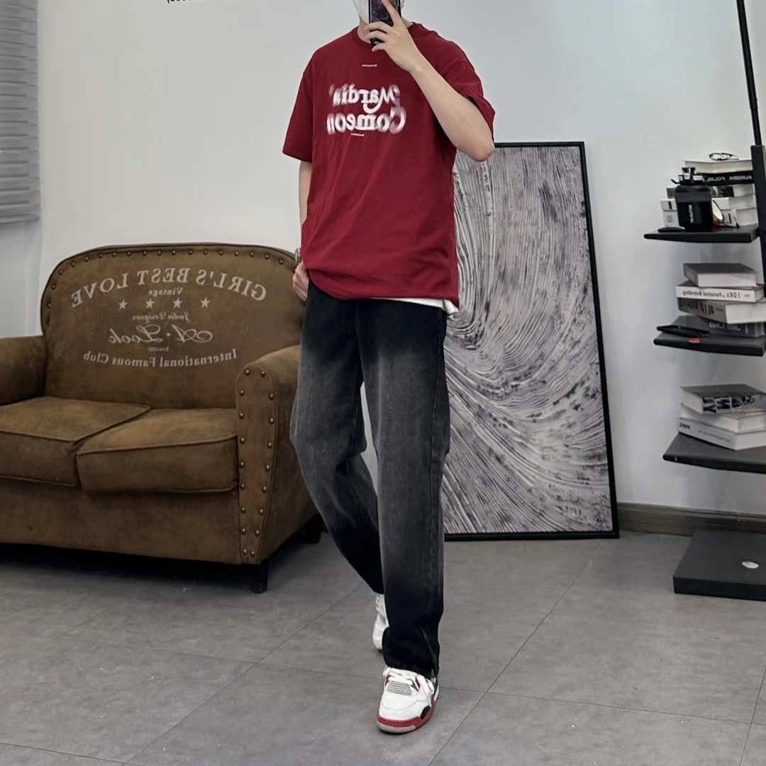 小贾自制 夏季新款拉链牛仔裤渐变过渡黑色水洗高街休闲潮流牛仔