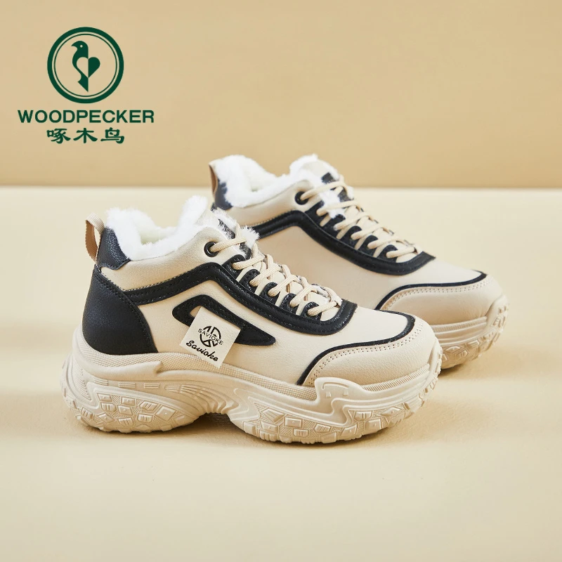 woodpecker/啄木鸟新款加绒老爹鞋女鞋2024冬季休闲保暖厚底增高