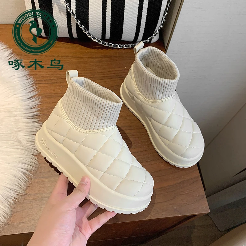 啄木鸟加绒高帮雪地靴女2024冬季新款ins韩版保暖休闲鞋百搭棉鞋