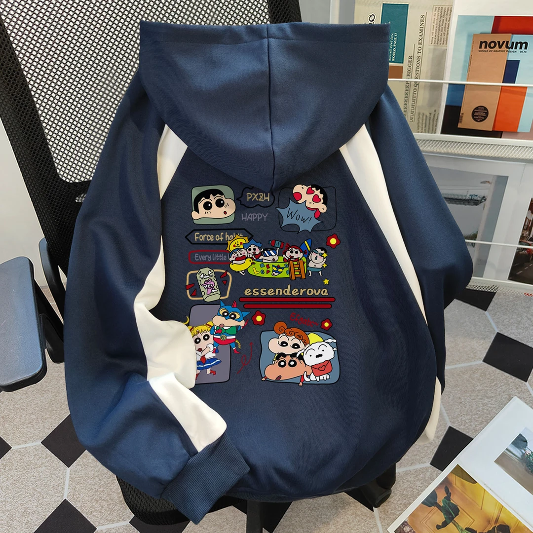 韩版复古潮牌蜡笔小新印花新款拼接连帽卫衣女秋冬加绒情侣款上衣