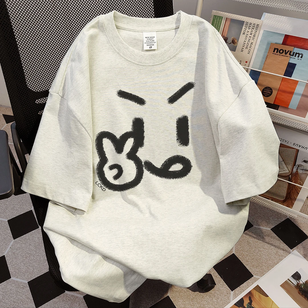 100%纯棉小众设计感印花短袖潮牌百搭t恤夏季新款男女宽松上衣ins