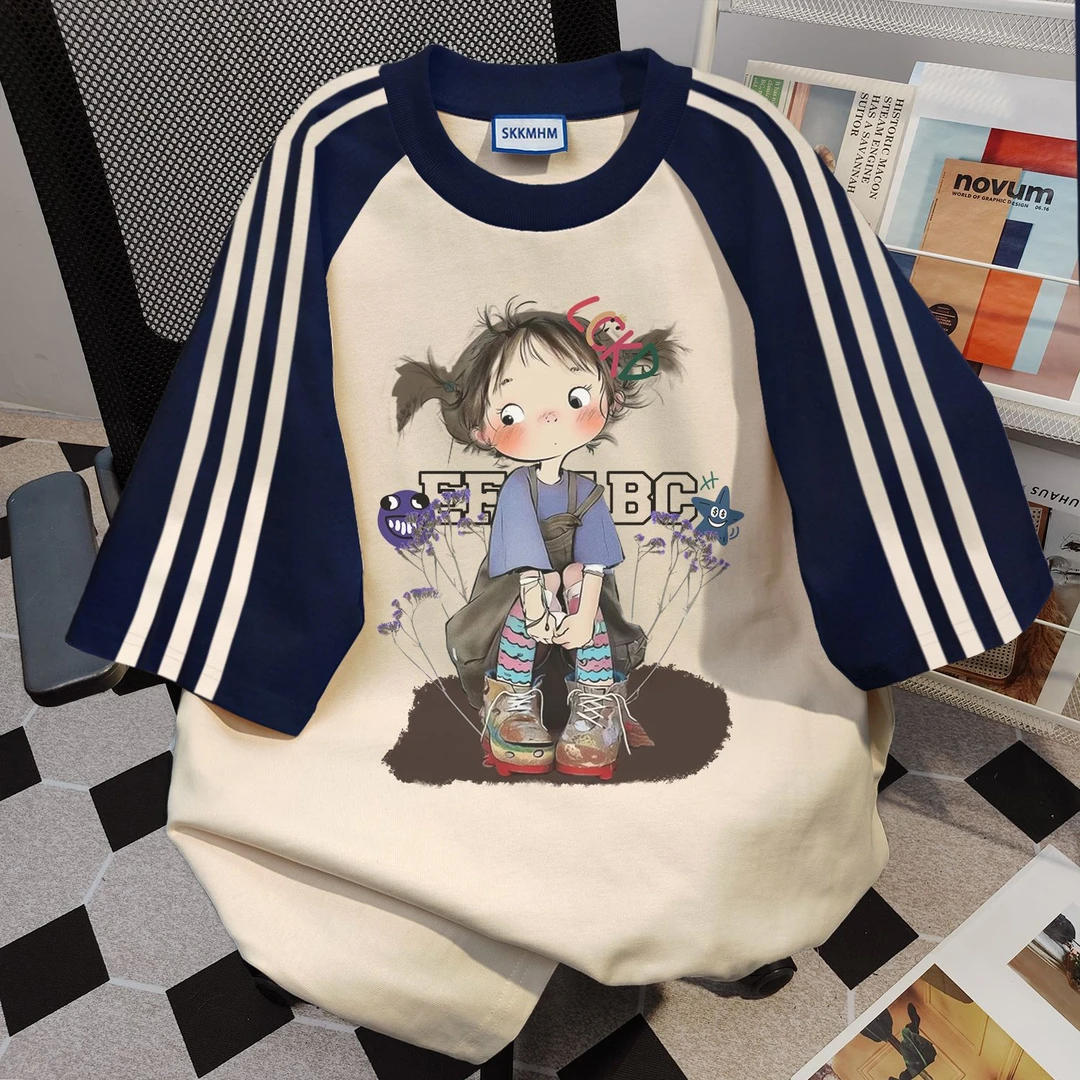 100%纯棉复古夏季短袖中长款t恤男女学生三条杠百搭内搭打底衫