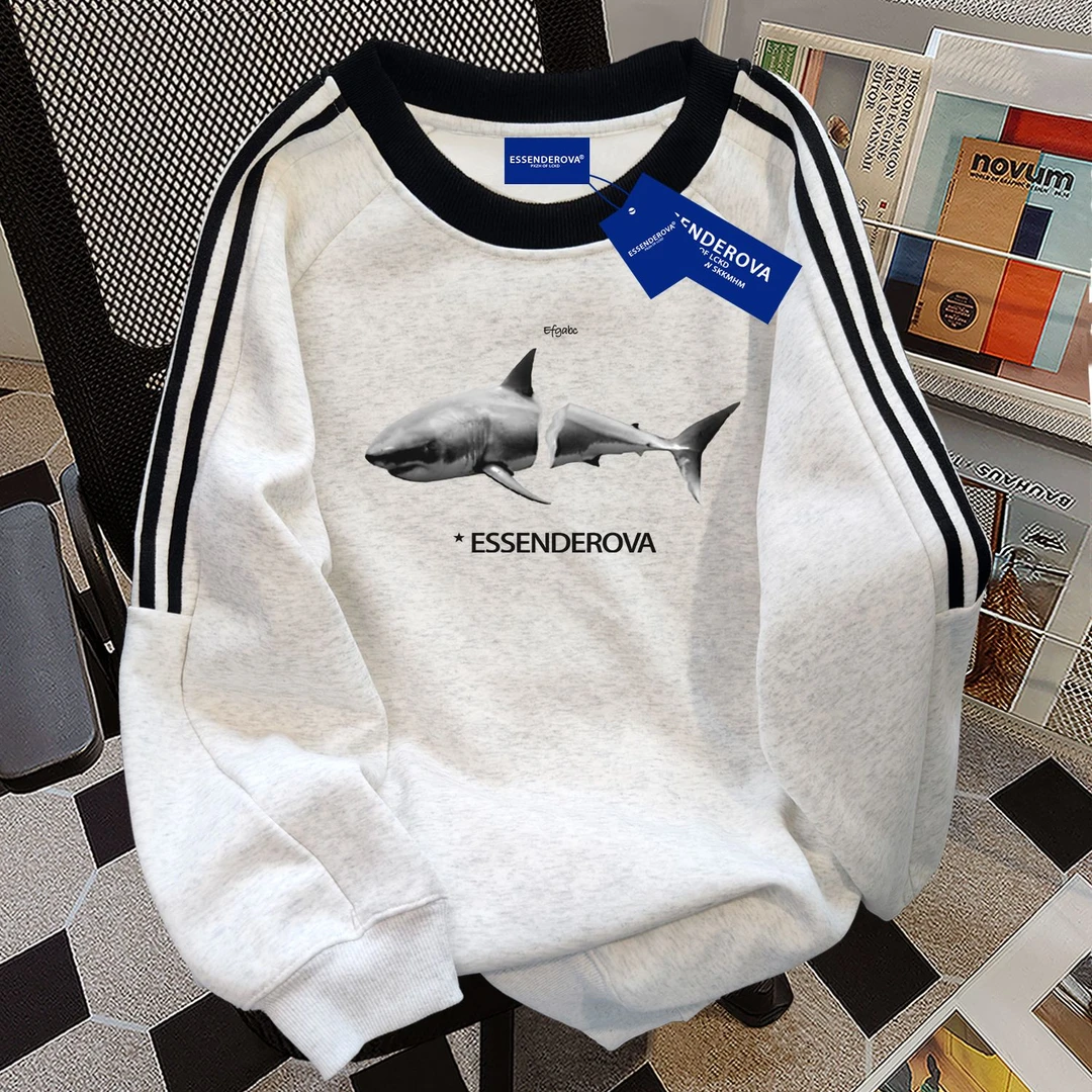 韩版高街小众设计卡通印花三条杠圆领卫衣女2024秋冬加绒百搭上衣