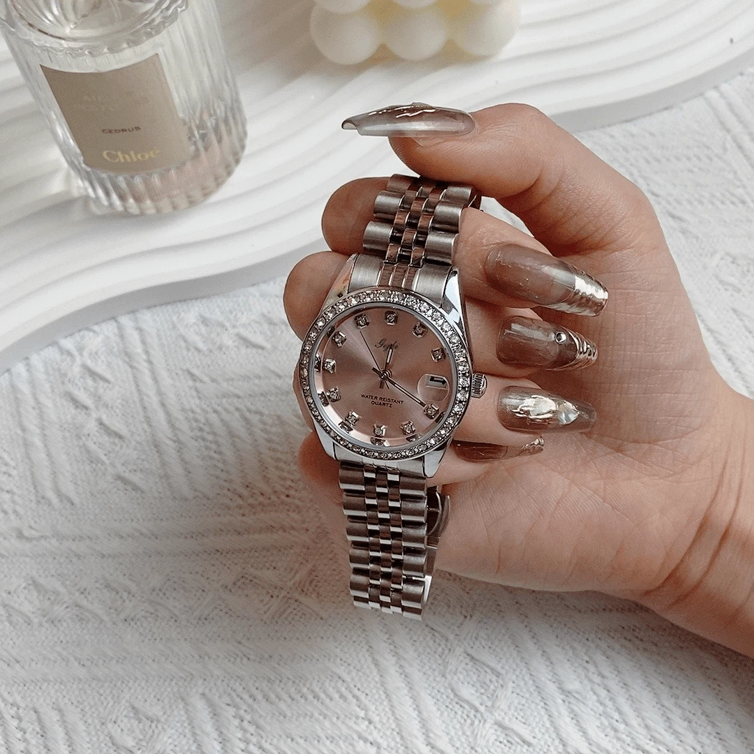 专柜经典粉日志复古时尚手表轻奢百搭镜面镶嵌精致女士气质h12