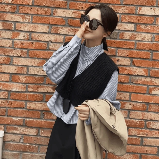 【真两件套】7358秋季宽松显瘦复古百搭时尚外穿针织衬衫套装