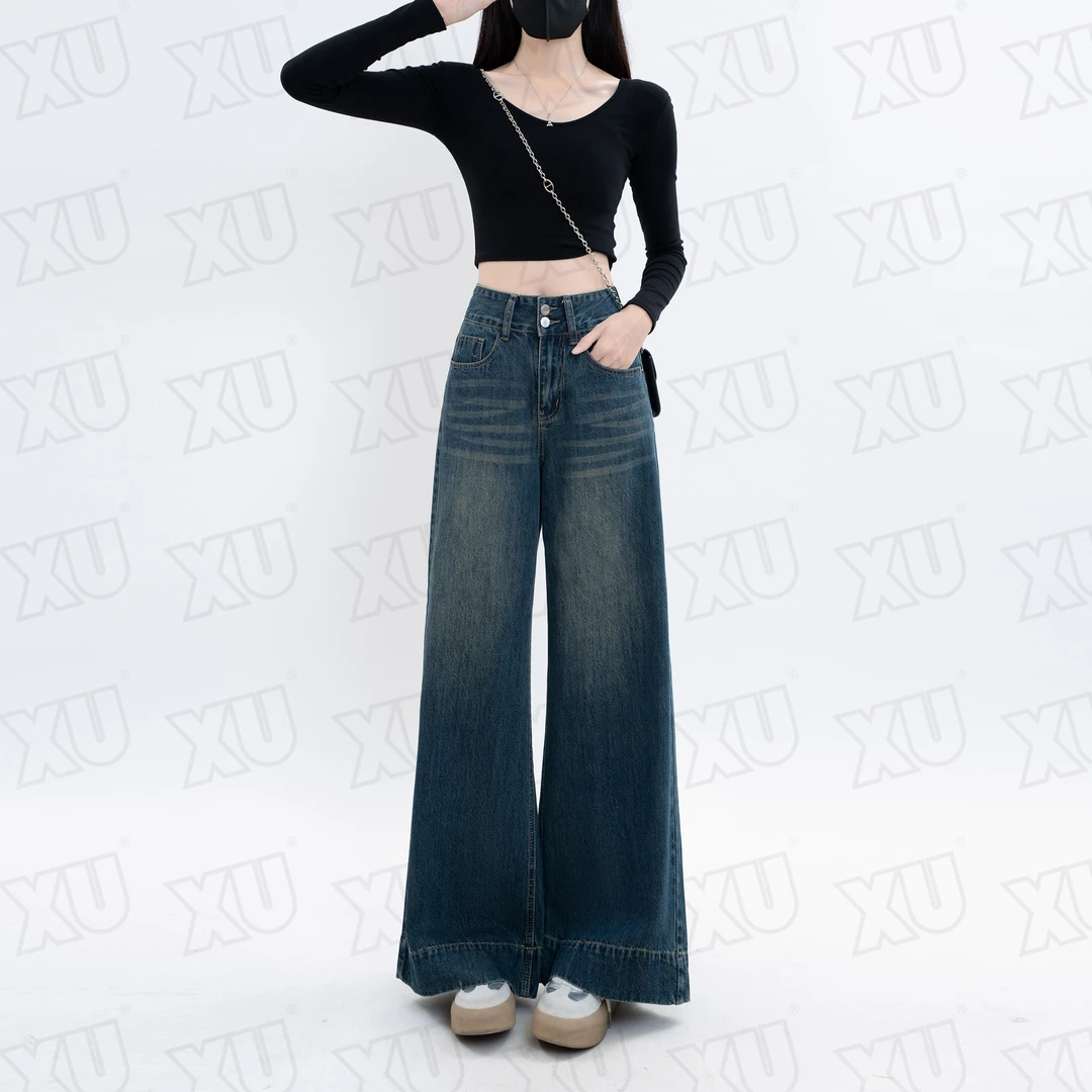 7318 Q时尚设计感牛仔裤女阔腿裤显瘦高腰秋季拖地直筒裤子