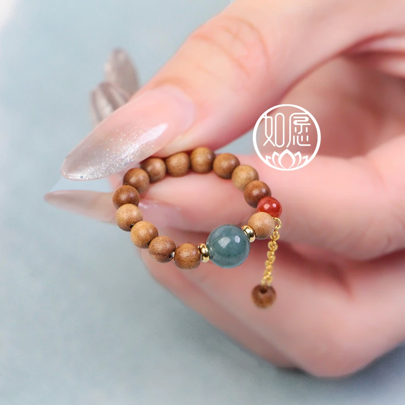 天然上等蓝水翡翠老山檀南红玛瑙戒指女款气质高档新中式国风女士