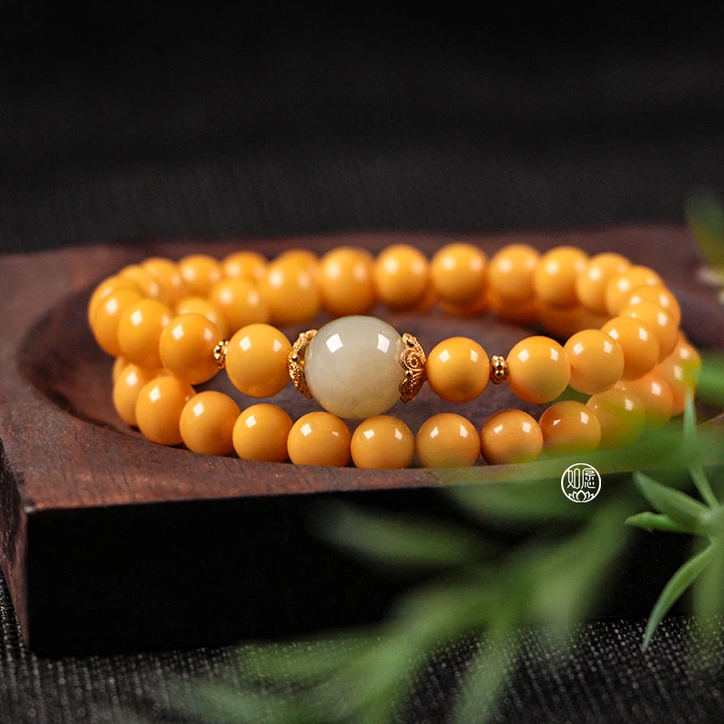 常念 上等天然蜜蜡和田玉双圈手串新中式国风珠串鸡油黄简约复古