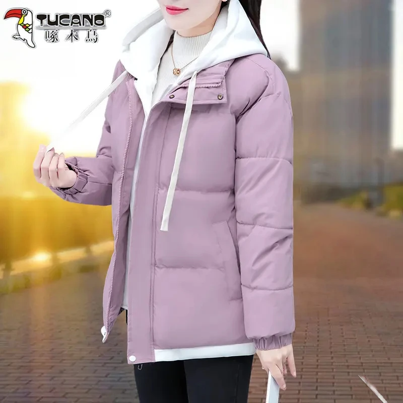 啄木鸟2024假两件加厚宽松女连帽棉衣妈妈装棉服舒适冬装厚外套