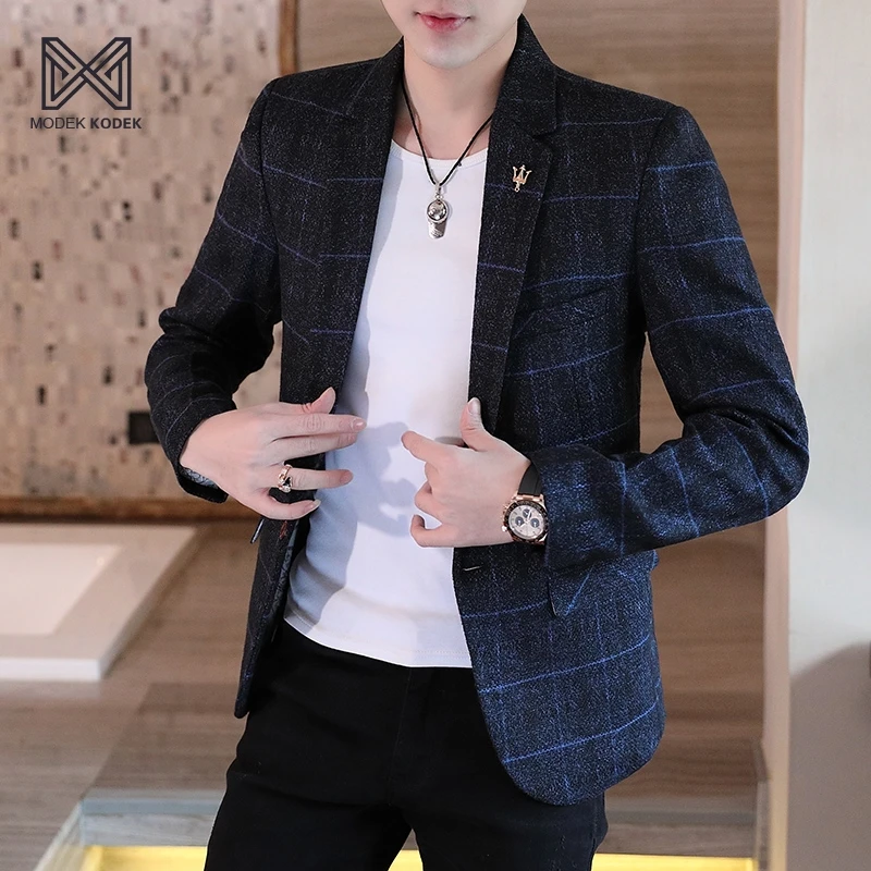 MODEK KODEK潮流修身秋冬新款单西服男装格子小西服休闲男士外套