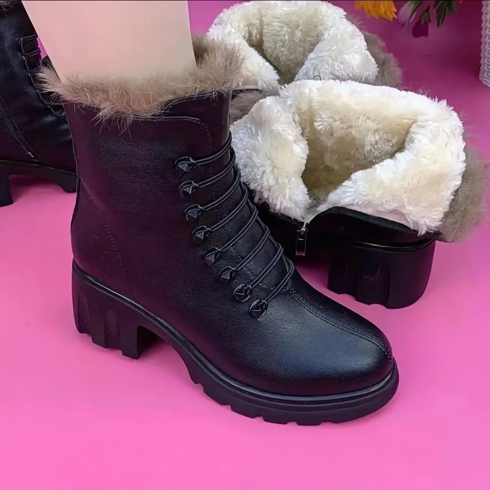 2024冬季加绒软底软面防滑耐磨侧拉链毛口圆头加厚毛绒粗跟马丁靴