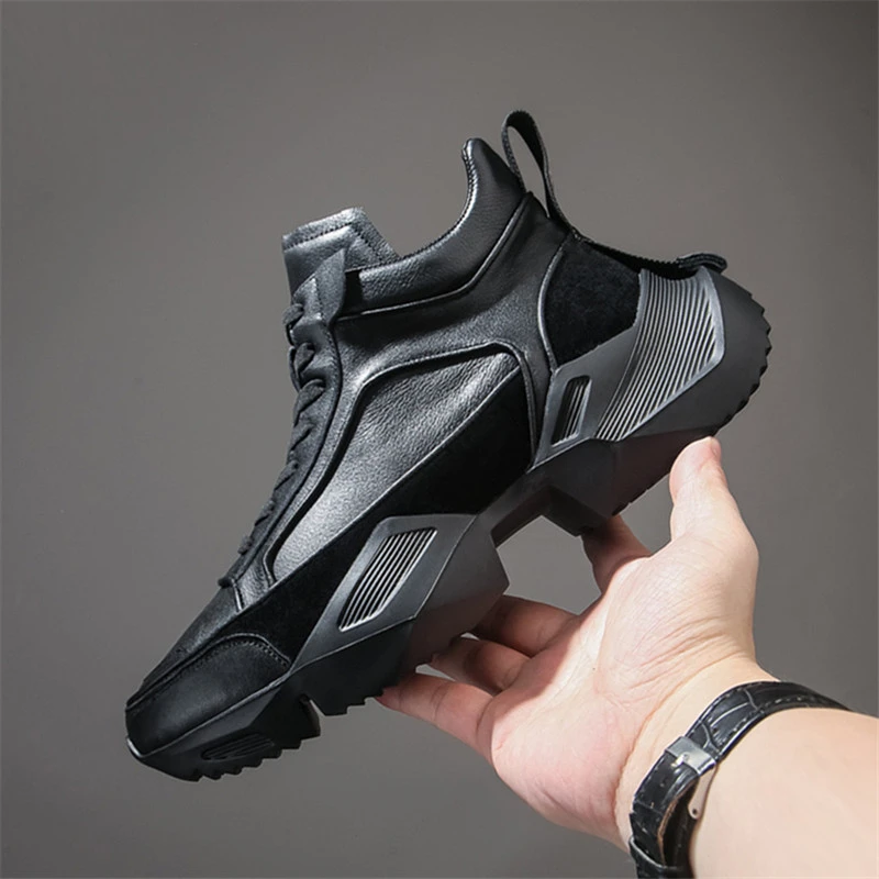 秋冬新款高帮鞋男真皮马丁靴加绒一脚蹬白色老爹鞋男休闲运动鞋潮