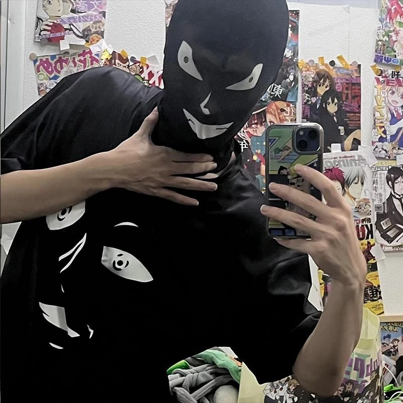 名侦探柯南黑影人搞怪头套会发光ins短袖两件套短袖男T恤纯棉T恤