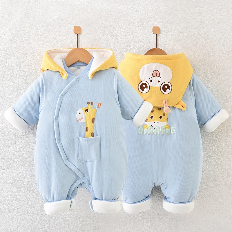 婴儿连体夹棉加厚活帽秋冬季棉衣新生幼儿爬服可爱宝宝外出服冬装