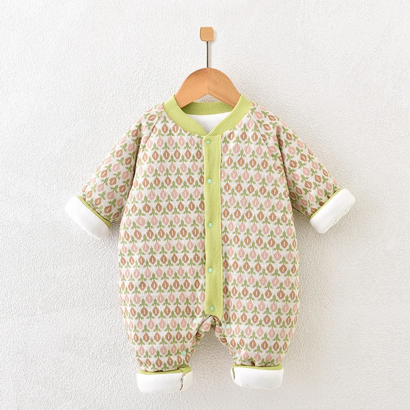婴儿连体衣针织加棉加厚秋冬季棉衣新生幼儿爬服萌娃外出服冬装