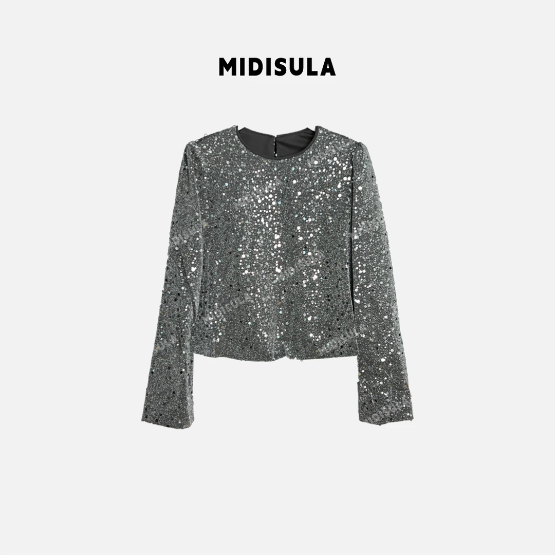 蜜地苏拉&5260新款外套法式轻奢纯色亮片垫肩圆领套头长袖上衣