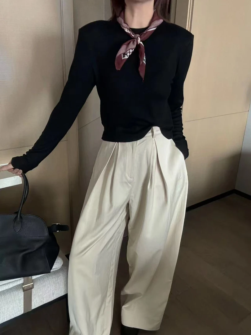 蜜地苏拉&5031早秋新款T恤竖纹长袖上衣简约款带丝巾