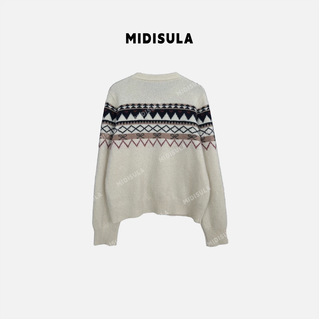 【H.MDSL】圆领条纹刺绣拼色上衣开衫菱形纹复古双拉链外套#1678