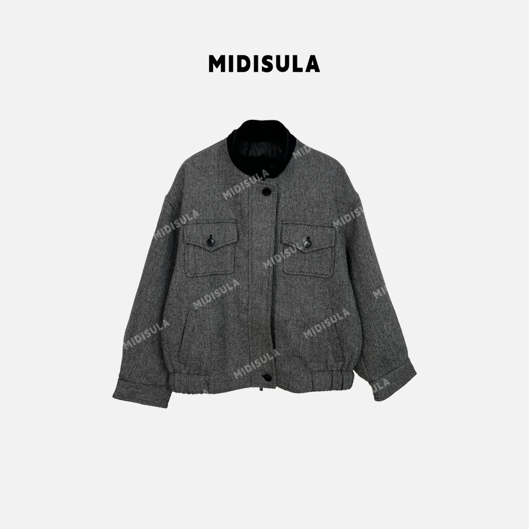 【H.MDSL】新款复古英伦风人字纹廓形休闲夹克羽绒服#1741领拼色