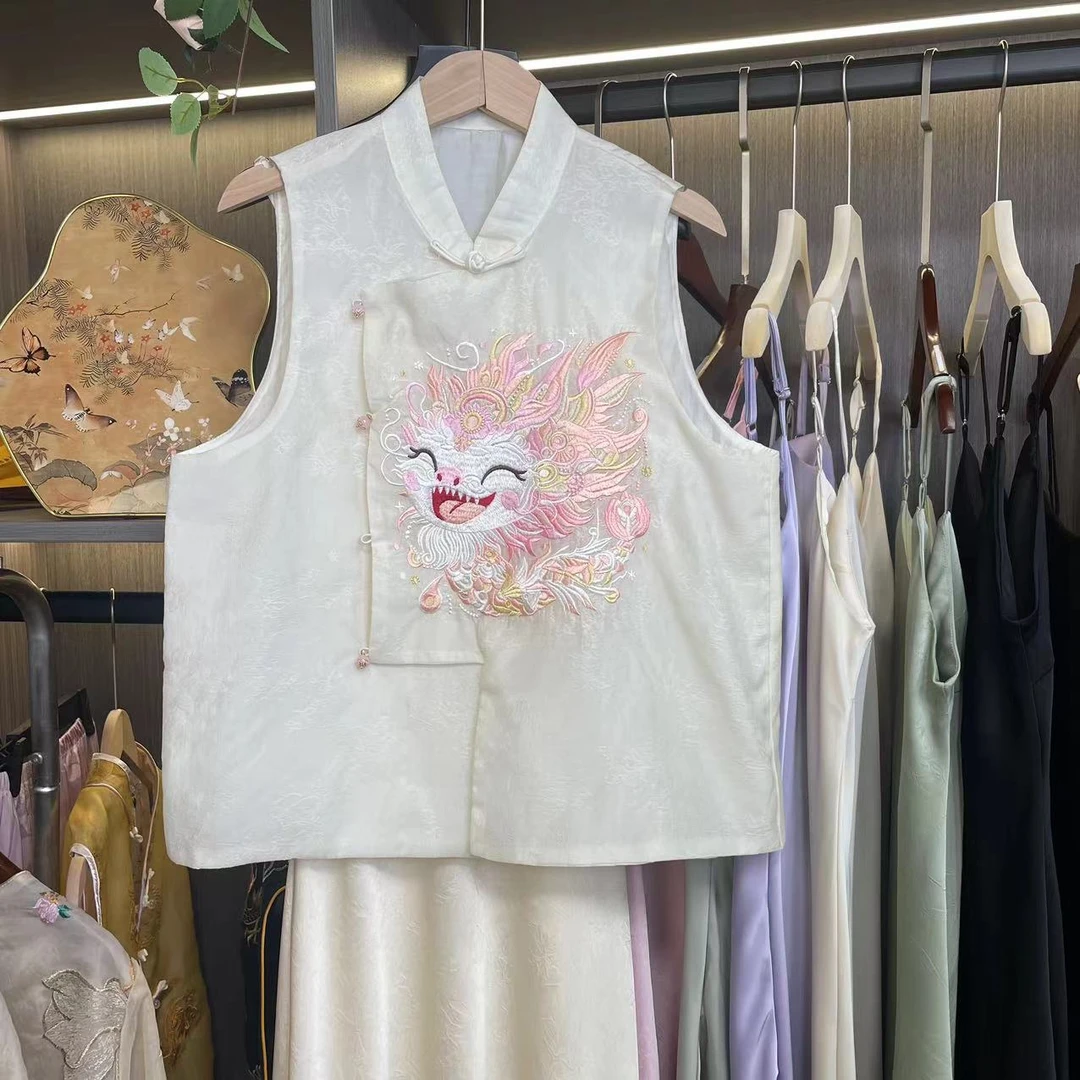 【咏梅】福禄粉貔貅年轻马夹新中式绣花重工刺绣中国风斜襟夏季秋季