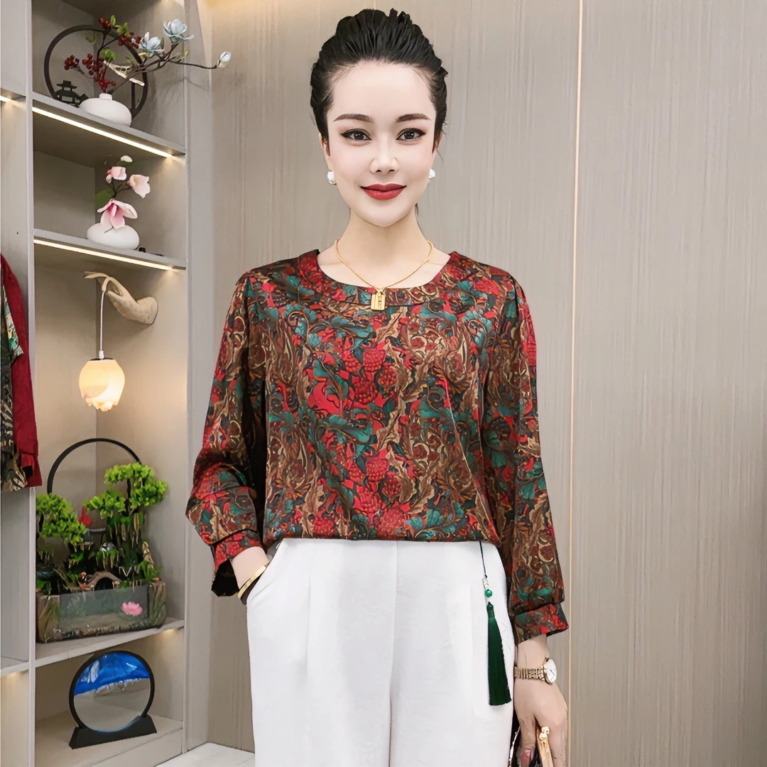 083【凤尾吉祥】春夏圆领长袖网红花色宽松显瘦高端时尚妈妈装衬衫