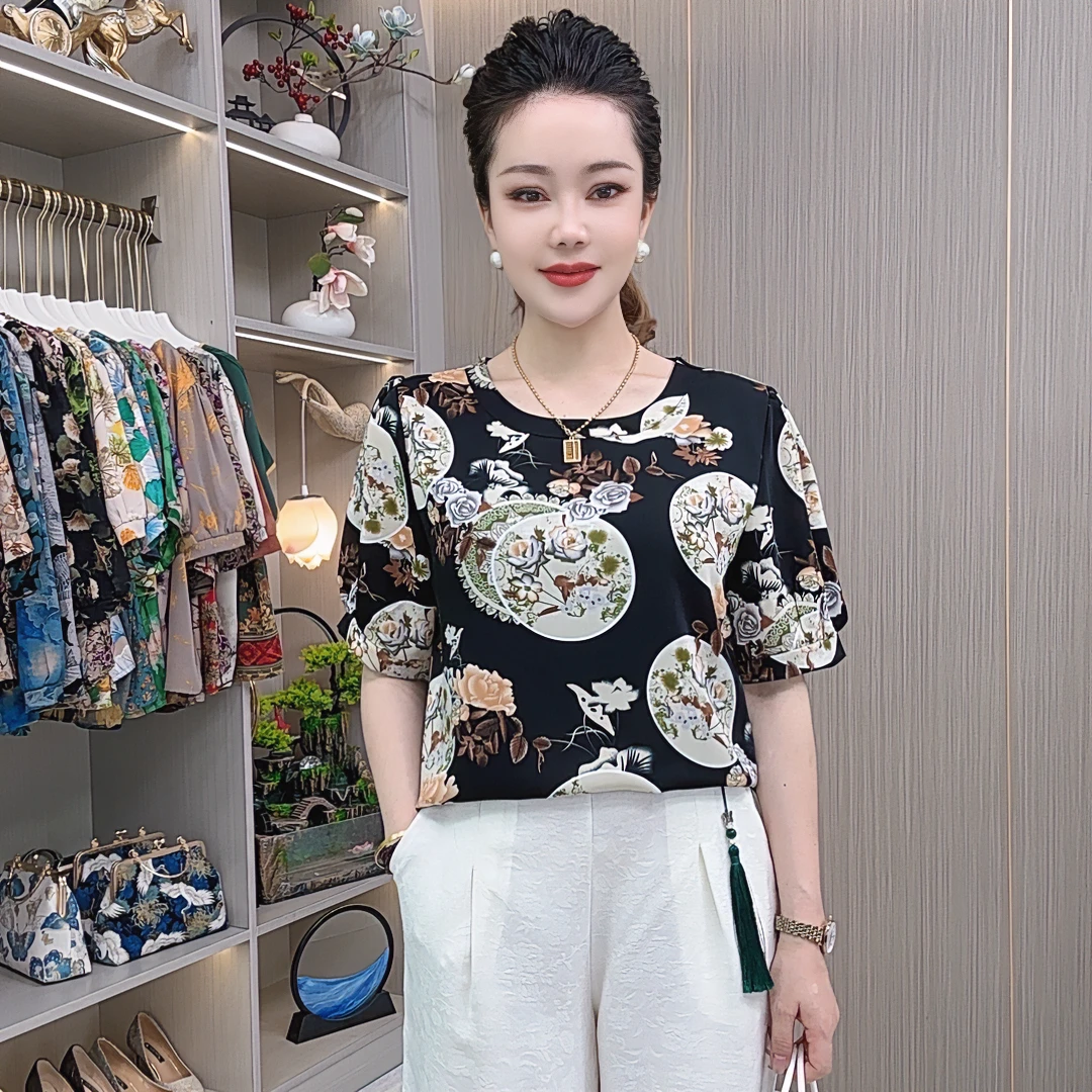 031【花好月圆】夏季新款圆领高端显瘦时尚休闲百搭气质妈妈装T恤