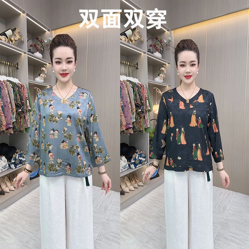 【小糖人】新款双面双穿宽松花色显瘦高端时尚洋气百搭妈妈装T桖