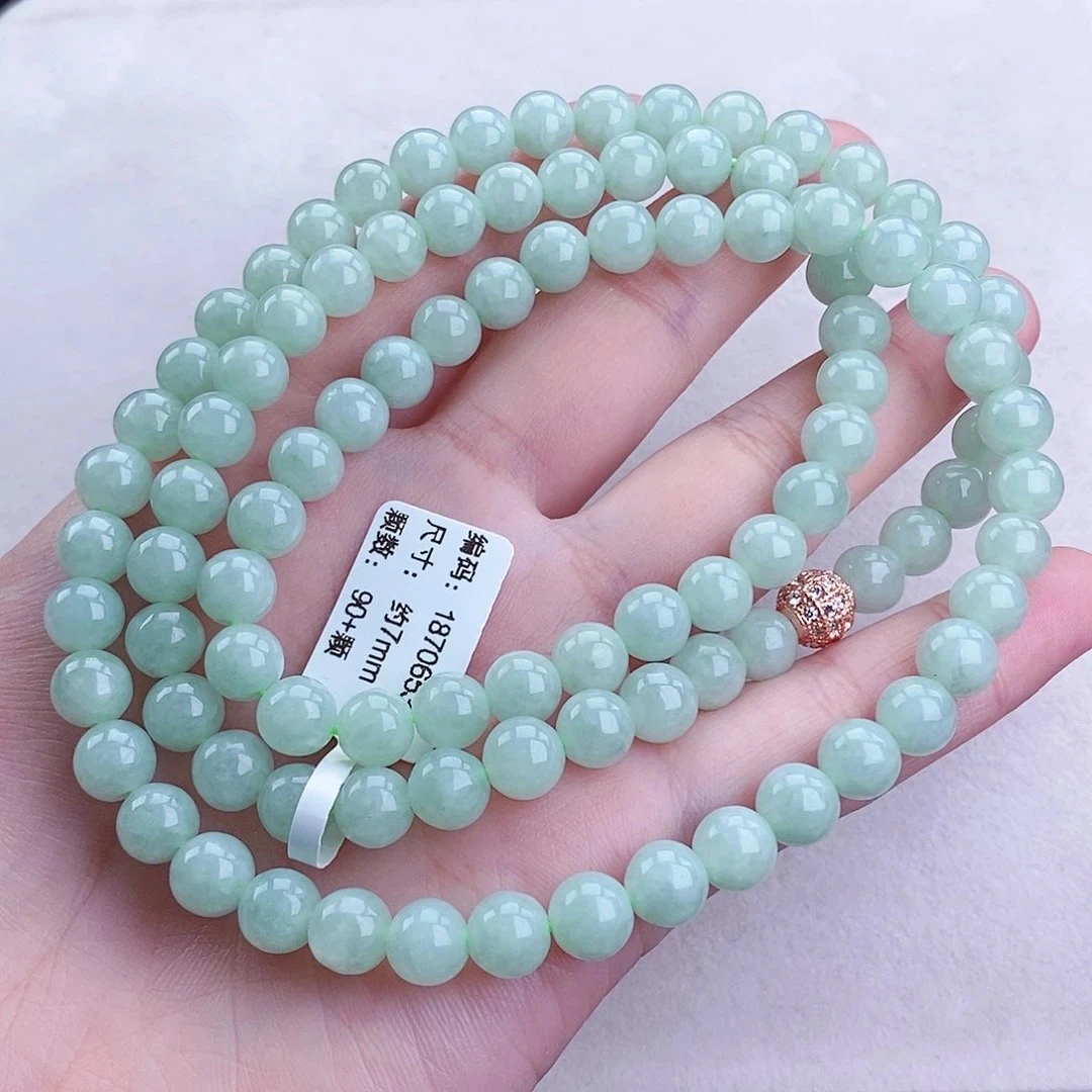 缅甸天然翡翠项链 卡7+ 冰晴底果绿圆珠项链 气质 精美 时尚 长链