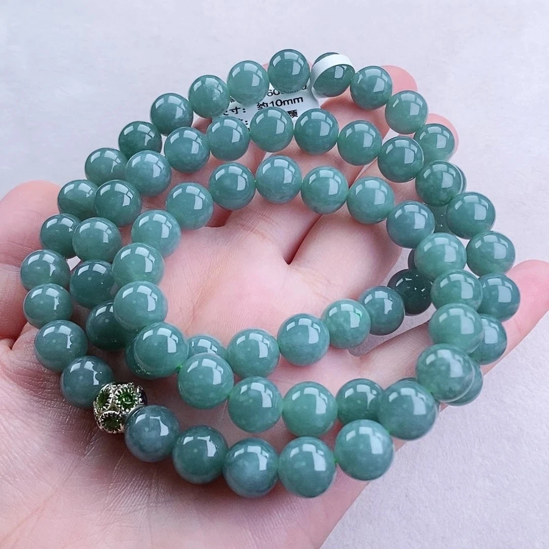 天然A货翡翠项链 卡10 冰蓝底满绿圆珠项链 蓝色气质 精美 吊坠链