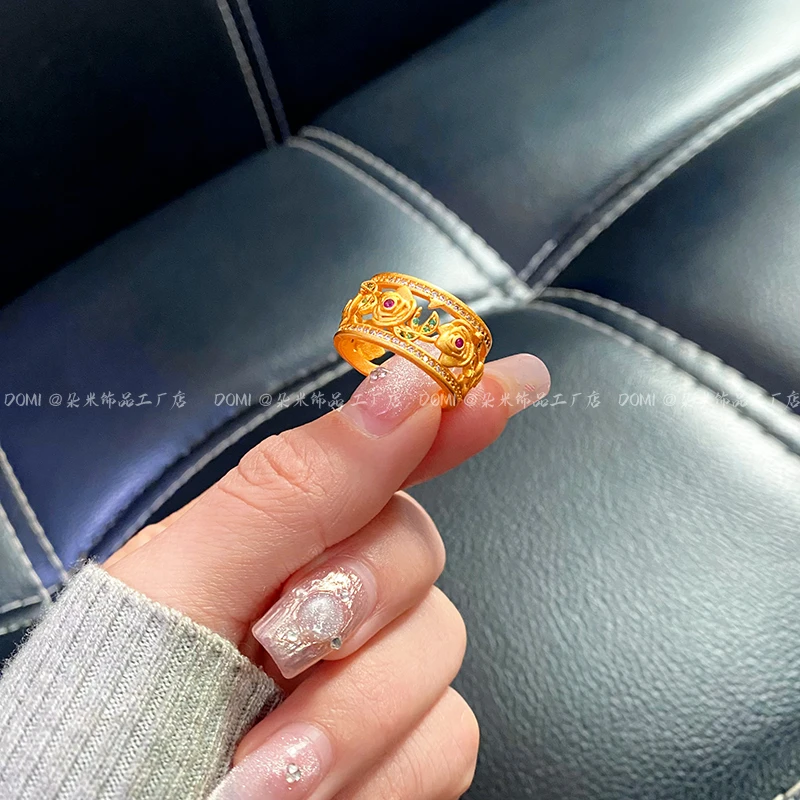 铜合金戒指 镶钻镂空玫瑰花戒指 可调节复古气质精美指环女款首饰