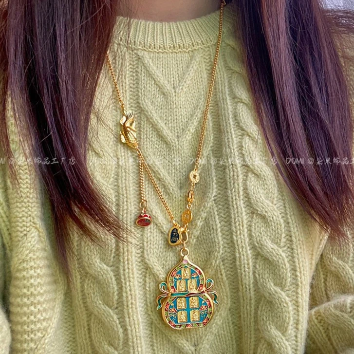 铜合金项链 XL3193 高品质 七圣宝莲烧蓝葫芦项链古风毛衣链时尚