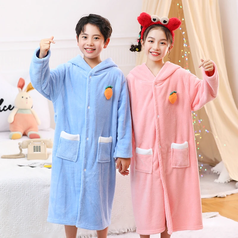 儿童浴袍珊瑚绒可穿式浴巾带帽带袖浴袍男女童小孩厚款浴衣冬天