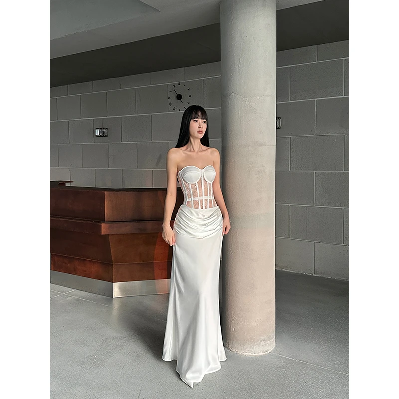 VENUIE白色修身束腰网纱露背缎面蕾丝抹胸背心09259