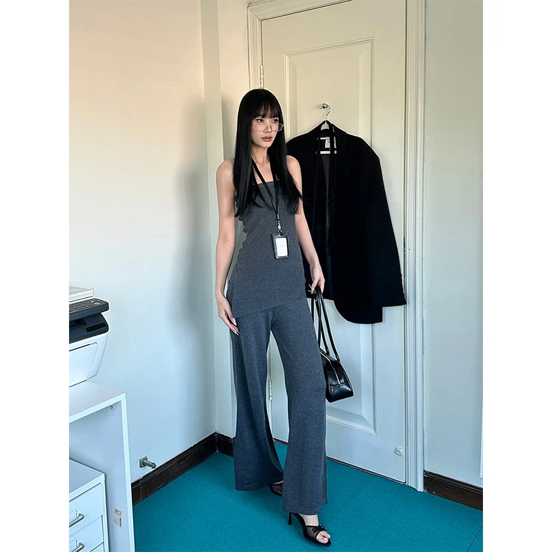 VENUIE纯色小众设计宽松垂感拖地针织阔腿休闲裤10264