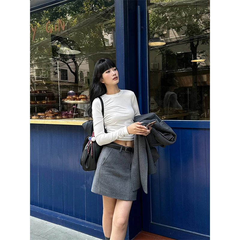 VENUIE圆领长袖T恤气质显瘦米白色修身毛针织衫08492