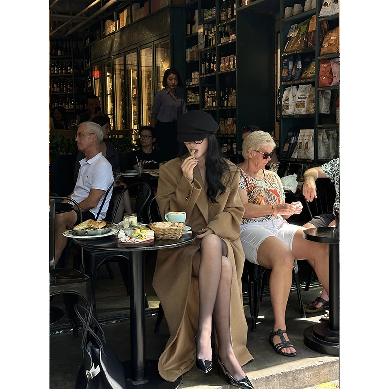 VENUIE卡其色大衣秋冬款正肩高级感长款毛呢外套08437