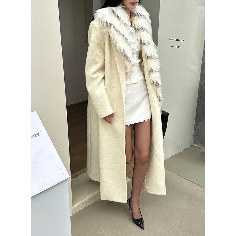 VENUIE米白色长款大衣加绒加厚可拆卸毛领毛呢大衣10128