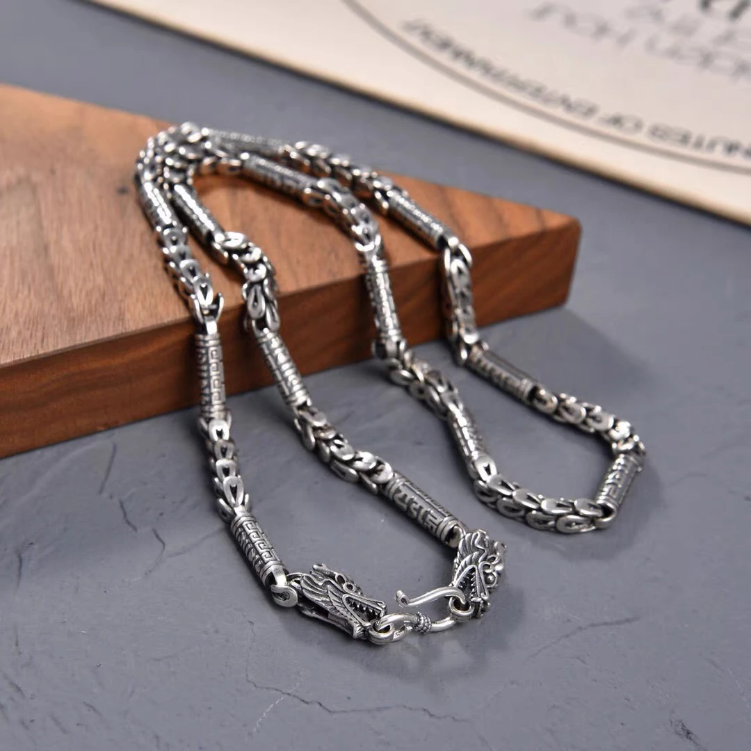 链子925银 纯银霸气龙头男龙鳞万字纹桶珠复古时尚潮流项链60cm