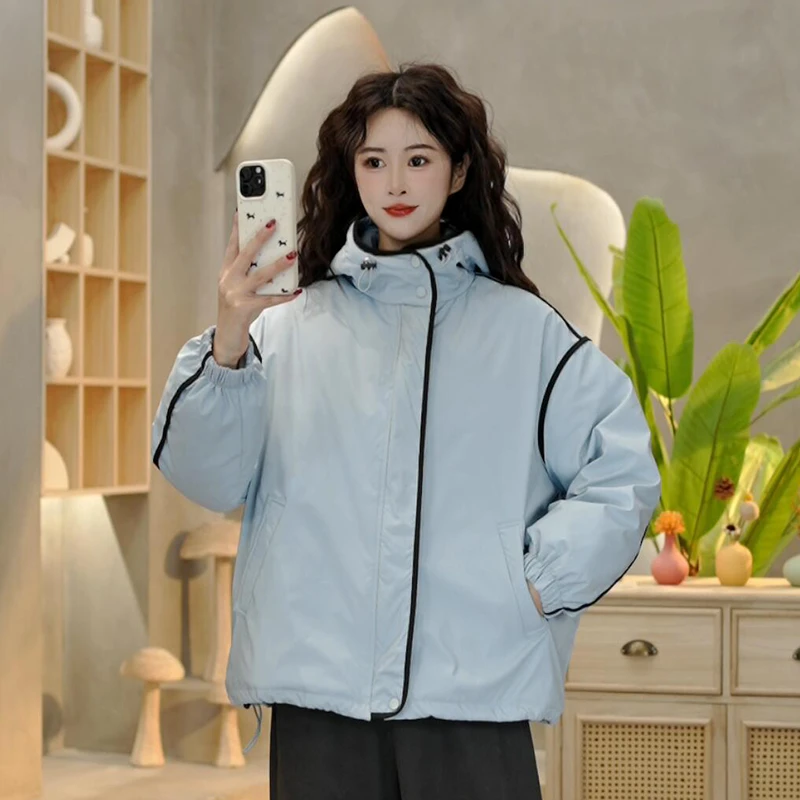 8810 冬季新款加厚韩系拼接撞色连帽棉衣时尚百搭宽松棉服外套