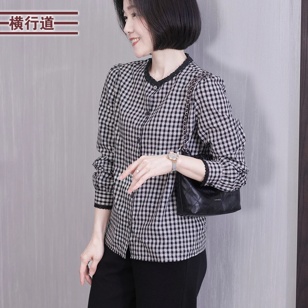 花边小圆领复古黑白格长袖开衫外套纯棉衬衫宽松中年妈妈装女秋季